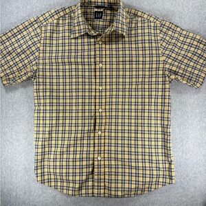 Vintage GAP Plaid‎ Short Sleeve Shirt Men's L Yellow Blue 100% Cotton USA Era